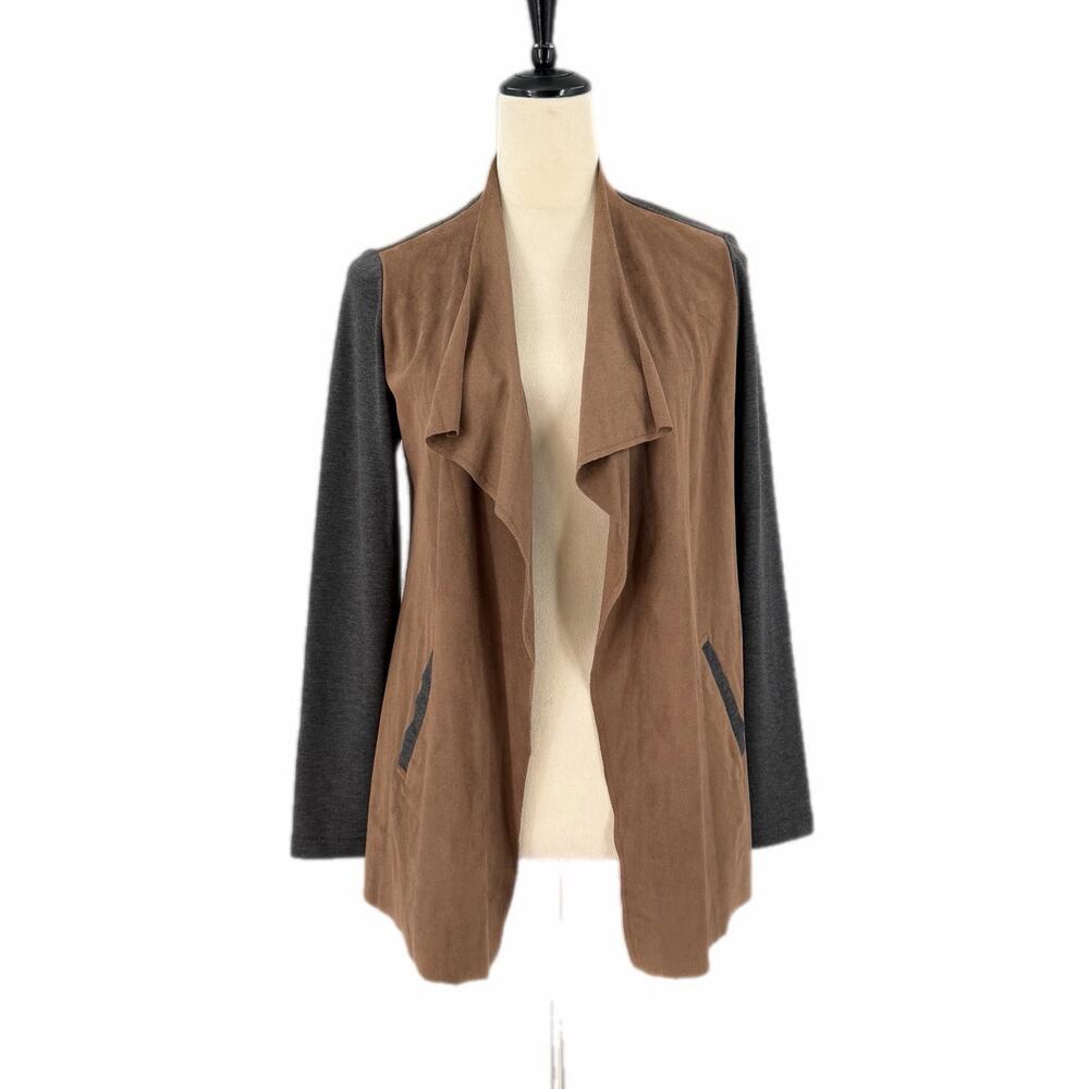 Chico’s Travelers Sz 0 Brown Gray Color Block Open Faux Suede Draped Jacket